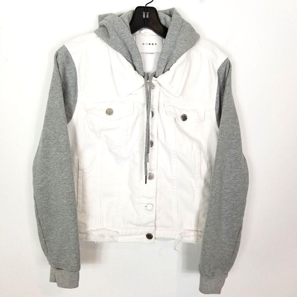 BLANKNYC Women Distressed Denim Trucker Jacket W/Removable Hood Sz L White